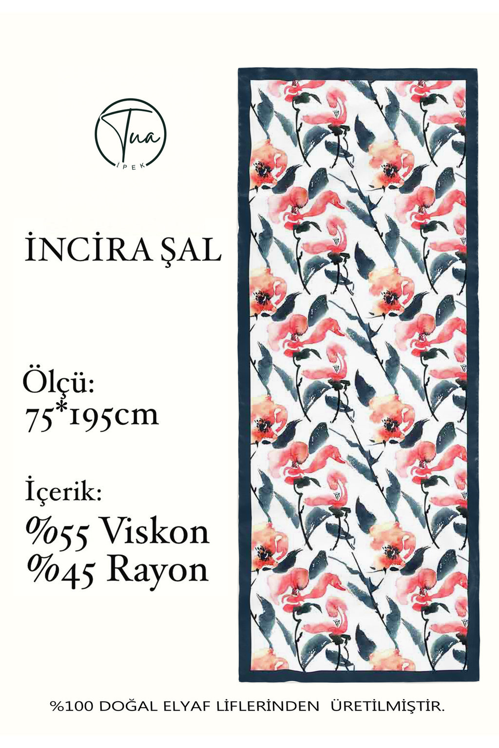 Organic Viscose İpeği İNCİRA ŞAL - FLoral Desenli - Petrol