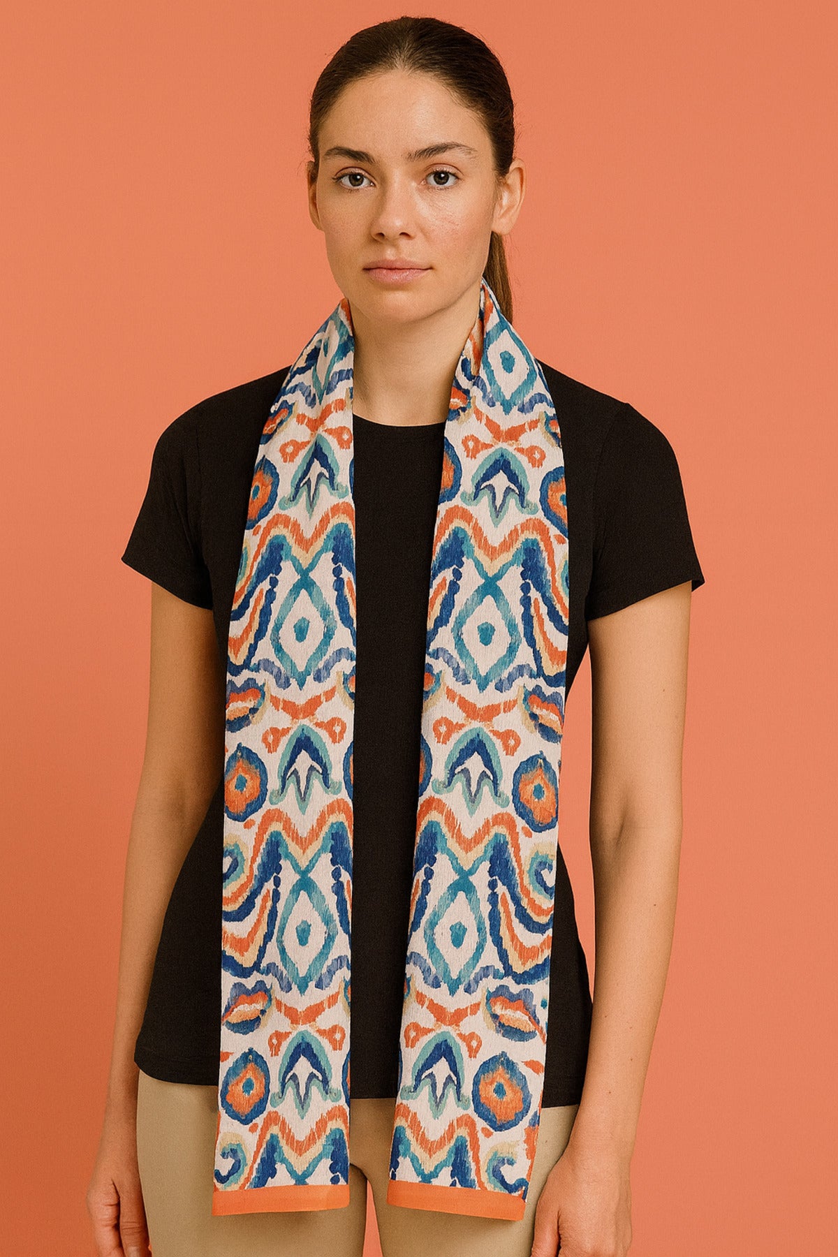 ORANGE BOHO Desen Şık & Zarif Kadın Aksesuarı Saten Fular 30x165cm - Çok Renkli