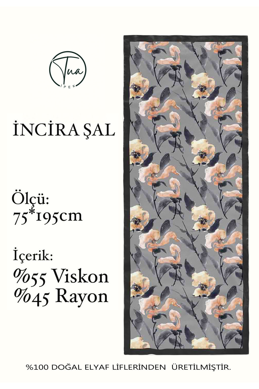 Organic Viscose İpeği İNCİRA ŞAL - FLoral Desenli - Gri