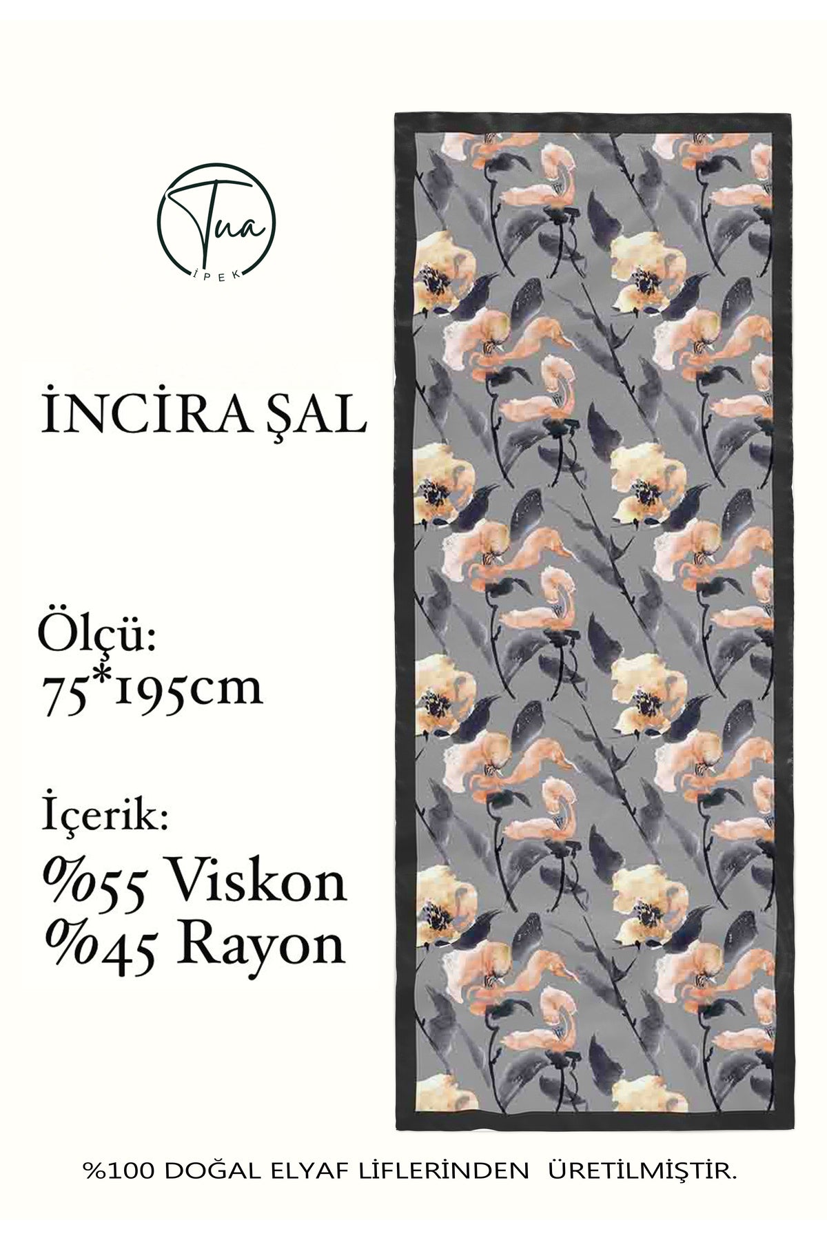 Organic Viscose İpeği İNCİRA ŞAL - FLoral Desenli - Gri