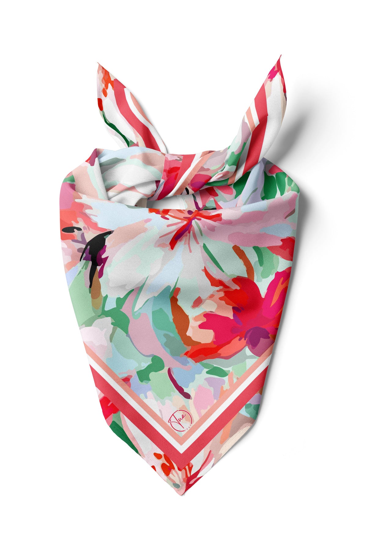 Pudra ve Yeşim Floral Desen 55x55cm Bandana/Fular - Çok Renkli