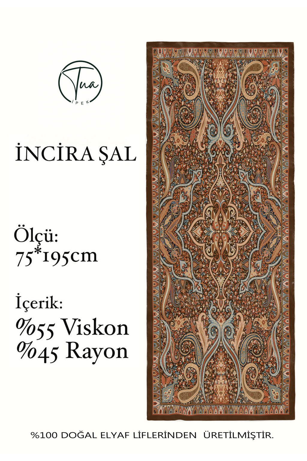 İNCİRA Organic Floş Viskon ŞAL - Etnik Çiçek Desenli - Sütlü Kahverengi