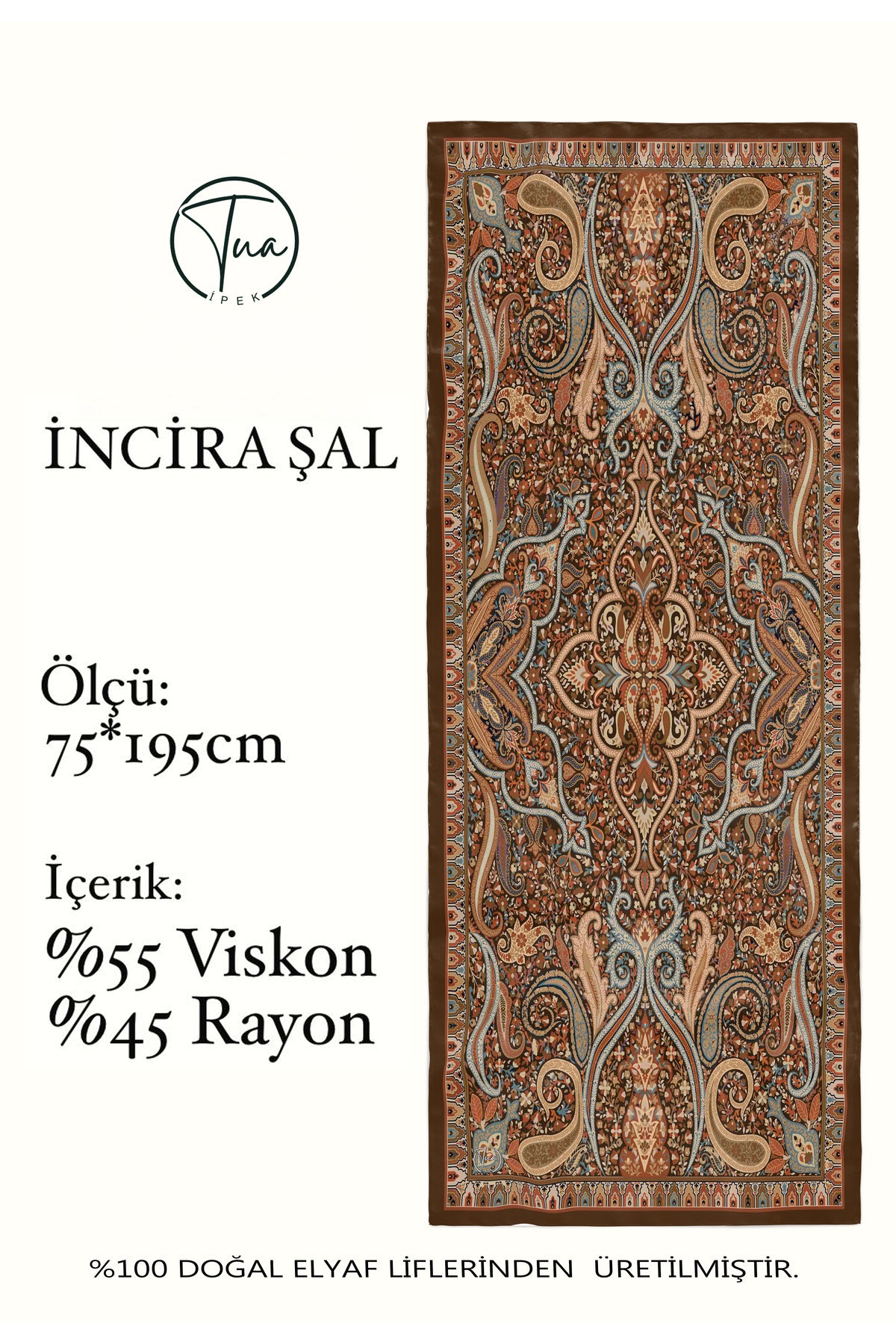 İNCİRA Organic Floş Viskon ŞAL - Etnik Çiçek Desenli - Sütlü Kahverengi