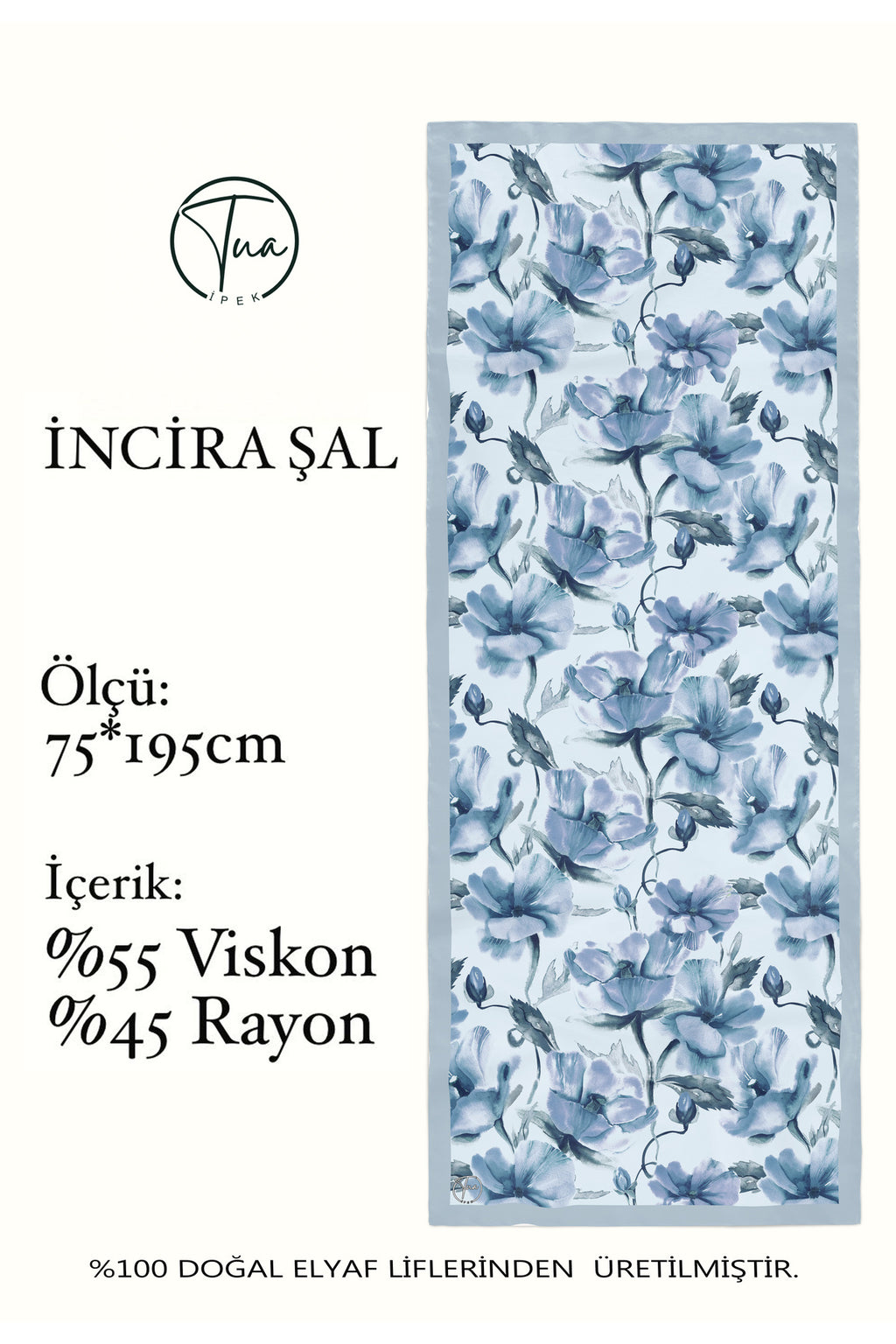 Organic Viscose İpeği İNCİRA ŞAL - Çiçek Desenli - Buz Mavi