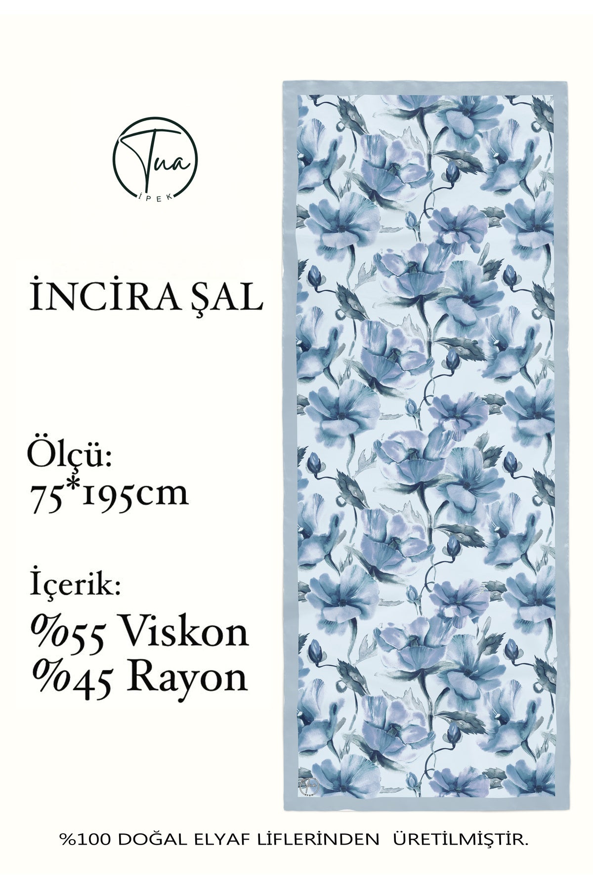 Organic Viscose İpeği İNCİRA ŞAL - Çiçek Desenli - Buz Mavi