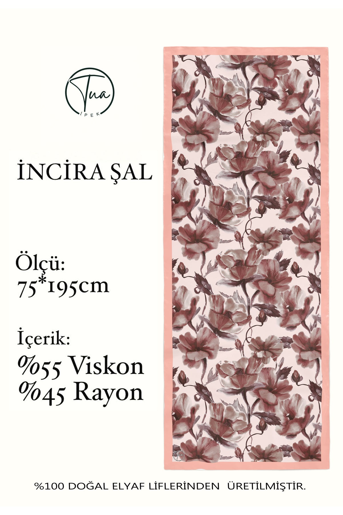 Organic Viscose İpeği İNCİRA ŞAL - Çiçek Desenli - Yavru Ağzı Pembe