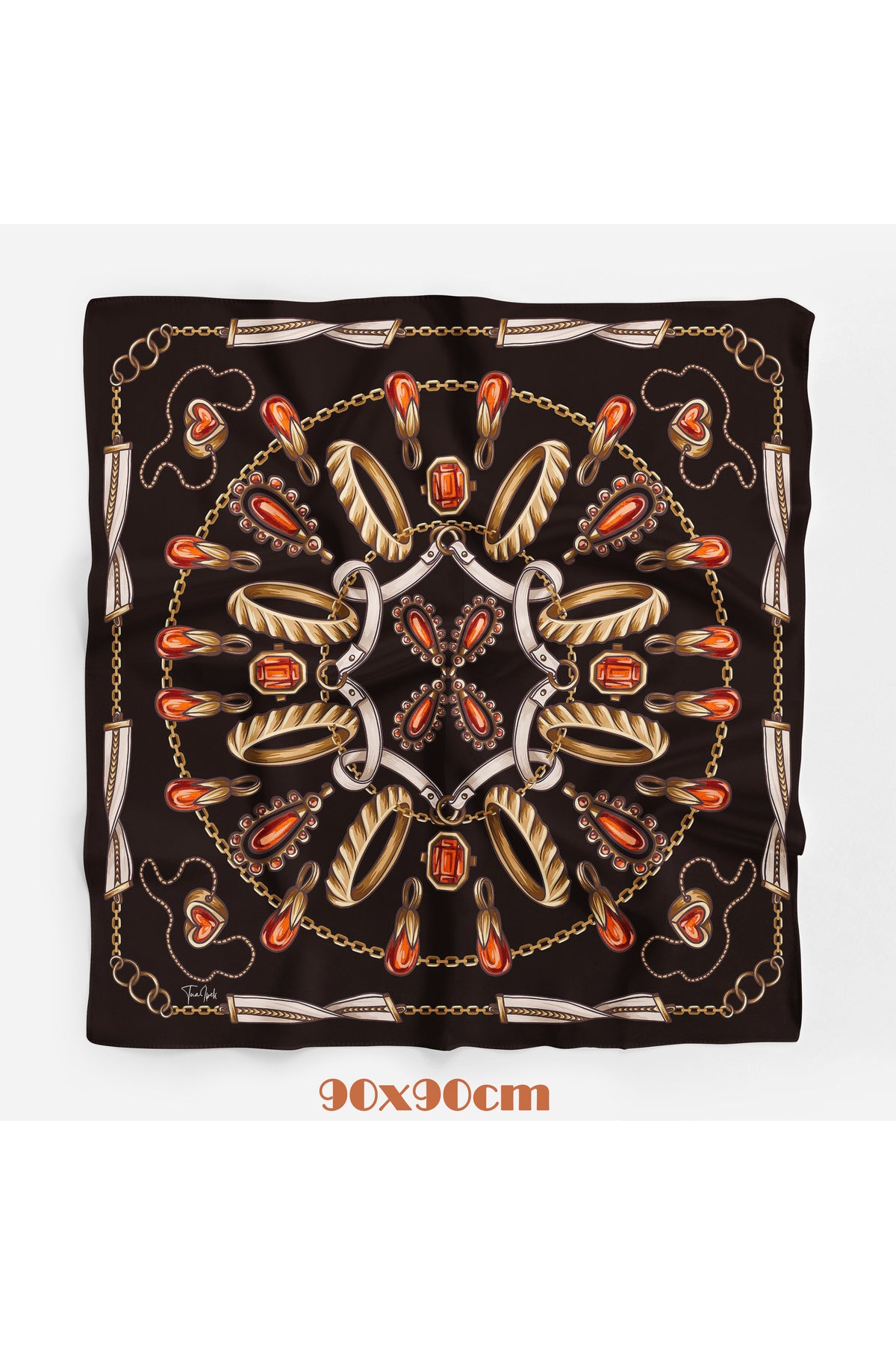 Kızıl Damla Desen 90X90cm Eşarp/Fular - Siyah-Turuncu