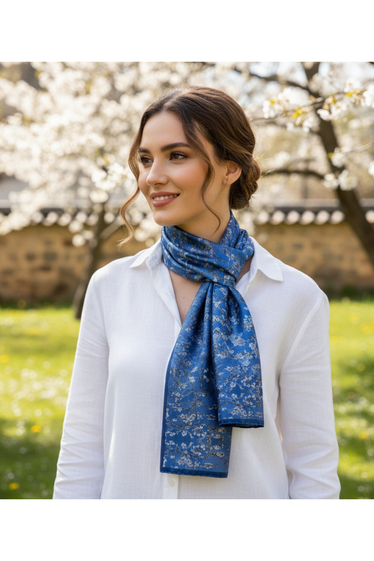 Blue BLOSSOM Desen Şık & Zarif Kadın Aksesuarı Saten Fular 30x165cm - görsel 3