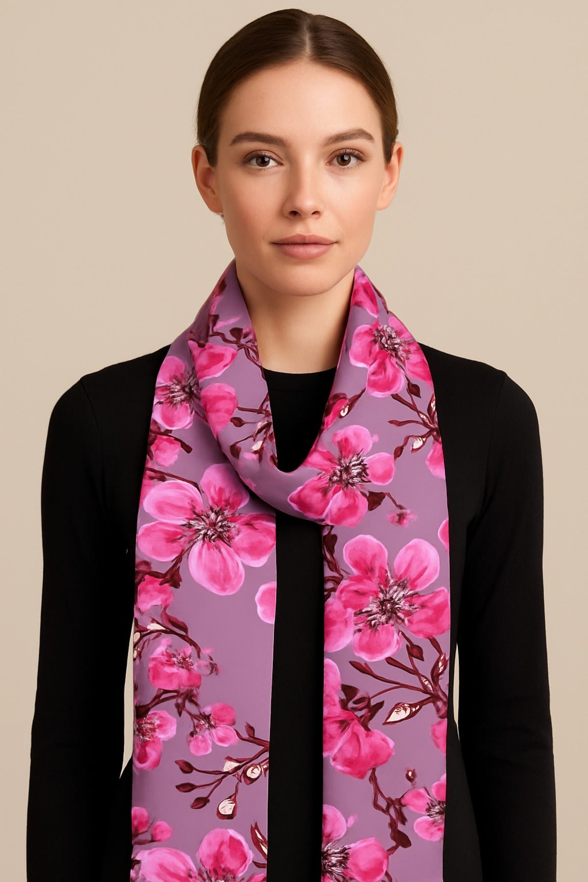 LİLA RÜYASI Desen Kadın Saten Fular 30x165cm - Çok Renkli