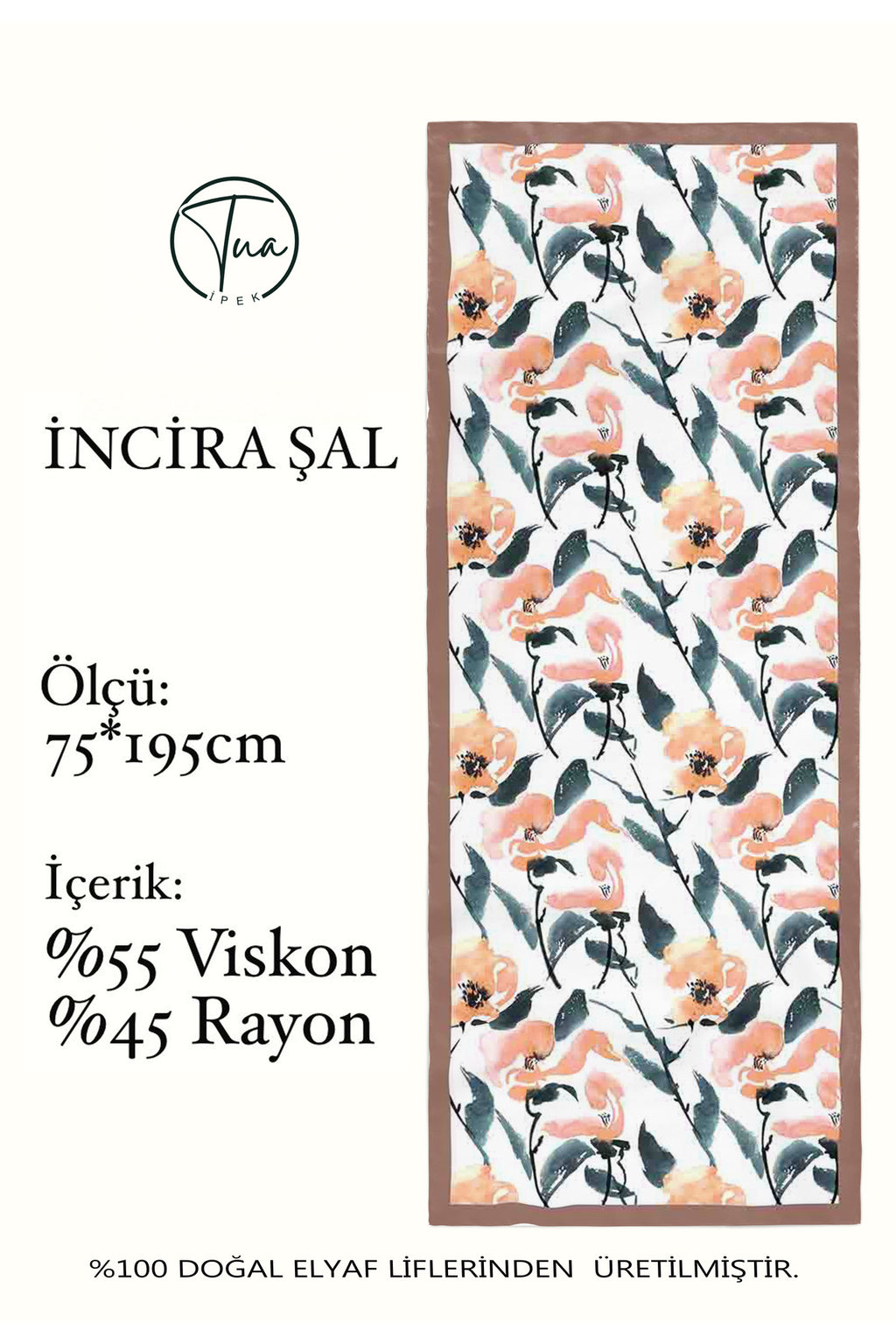 Organic Viscose İpeği İNCİRA ŞAL - FLoral Desenli - Vİzon Kahve