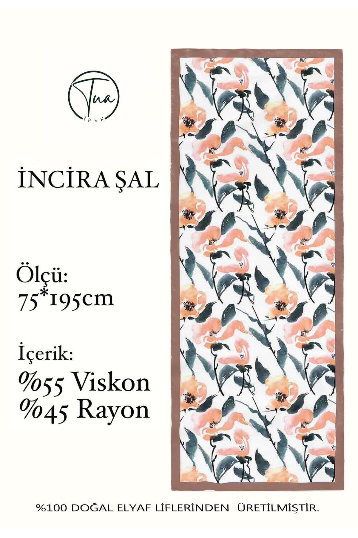 Organic Viscose İpeği İNCİRA ŞAL - FLoral Desenli - Vİzon Kahve