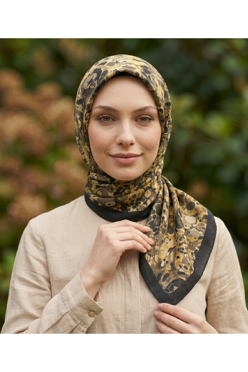 OCHRE Desen 90X90cm Matte Cotton Eşarp - HAKİ-SİYAH