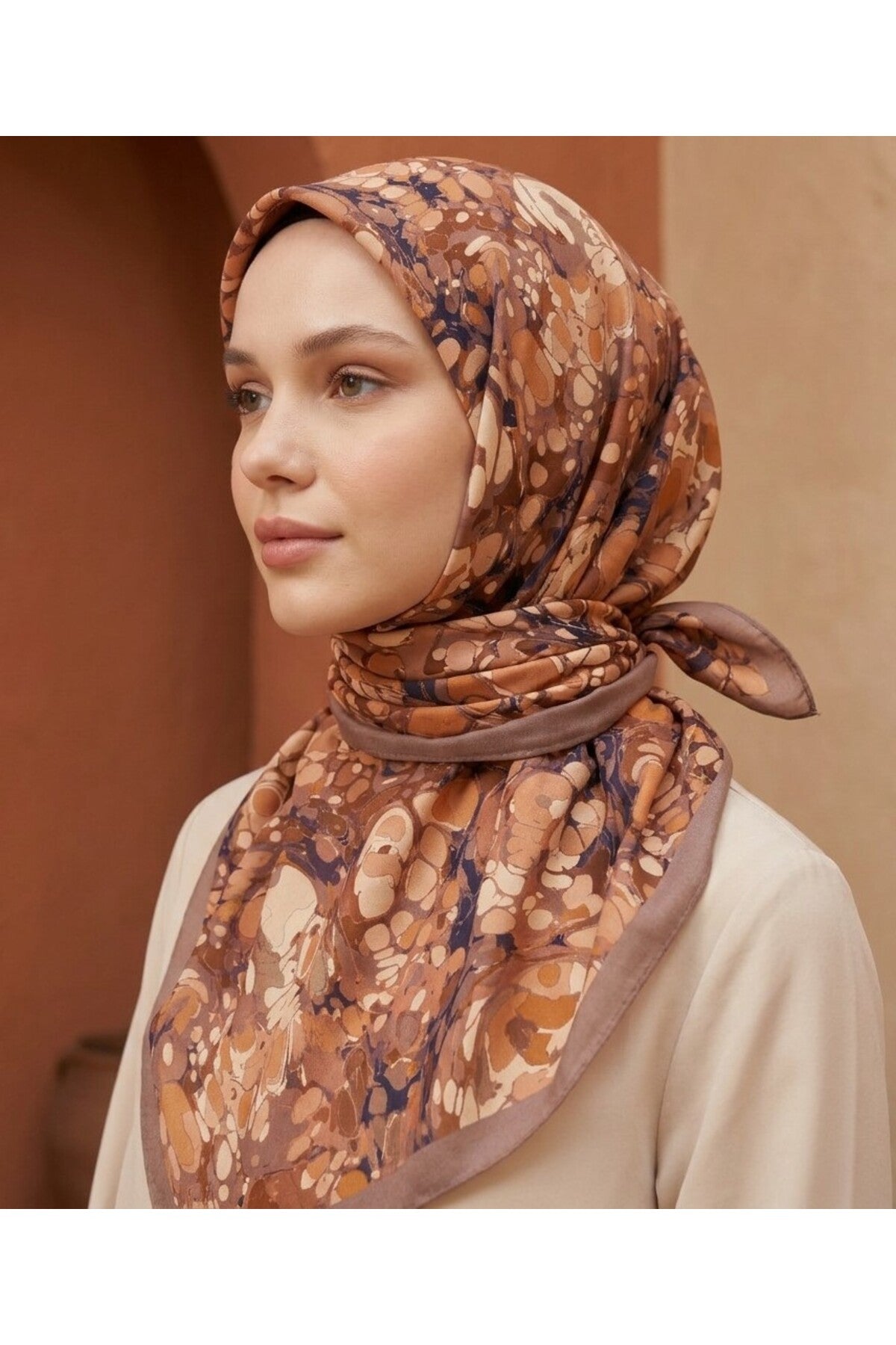 OCHRE Desen 90X90cm Matte Cotton Eşarp - KAHVE - KREM