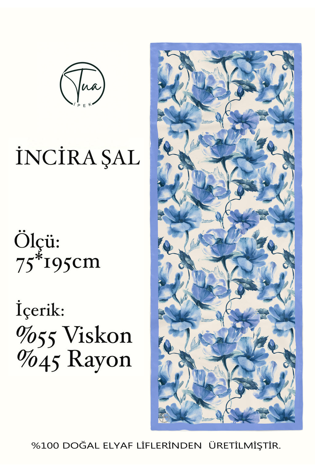 Organic Viscose İpeği İNCİRA ŞAL - Çiçek Desenli - Turkuaz Mavi