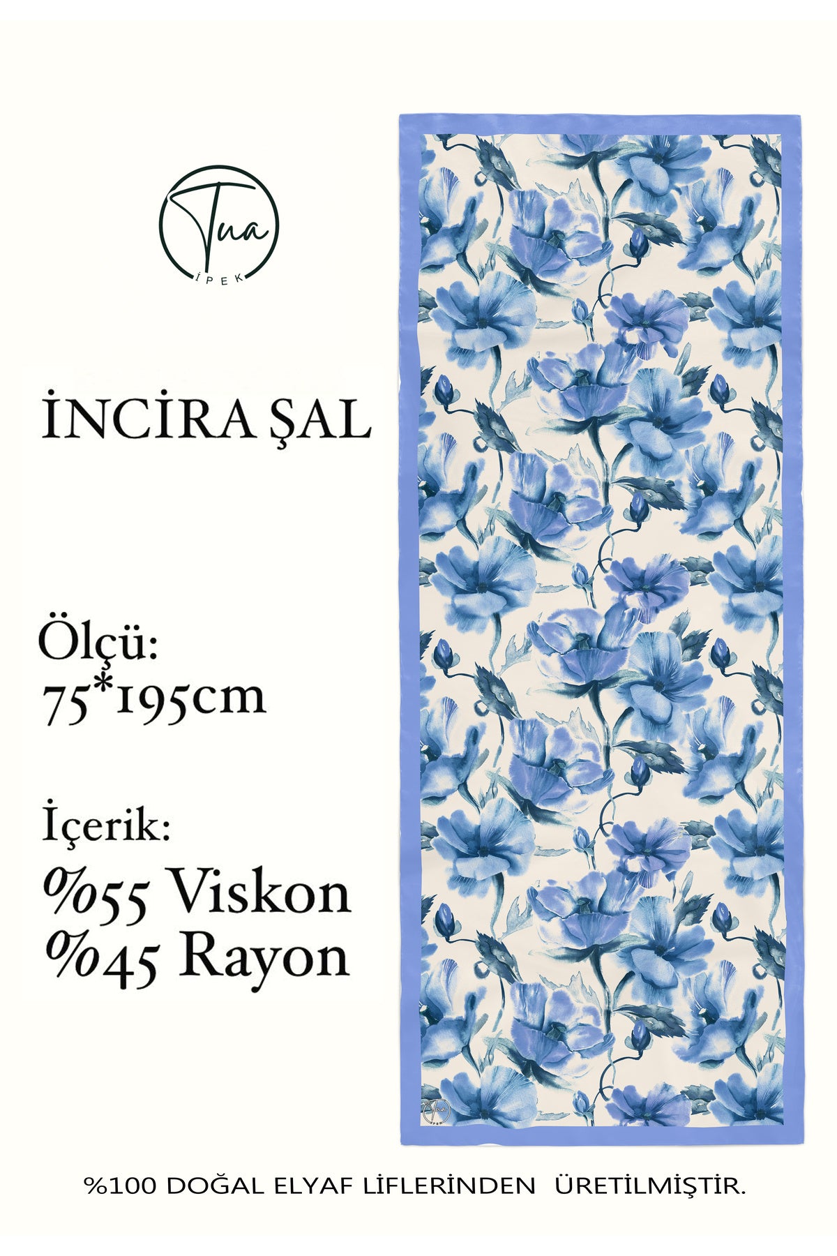 Organic Viscose İpeği İNCİRA ŞAL - Çiçek Desenli - Turkuaz Mavi