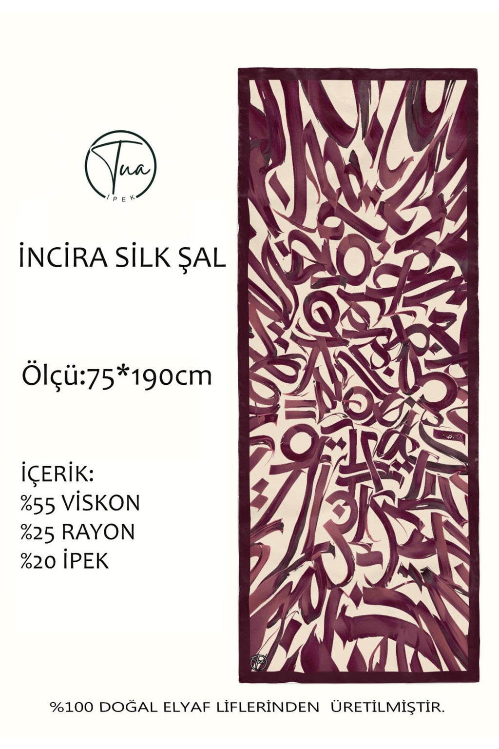 Organic İNCİRA DUT İPEĞİ/VİSCOSE ŞAL - Hat Desenli - Vişne Çürüğü