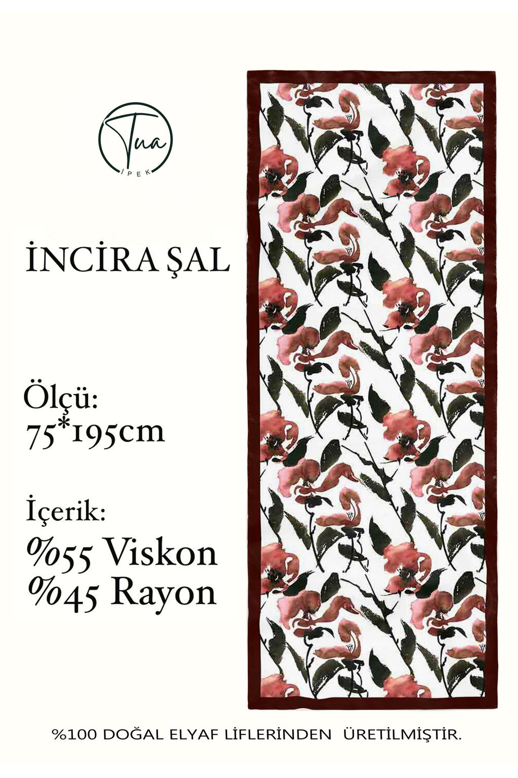 Organic Viscose İpeği İNCİRA ŞAL - FLoral Desenli - Bordo