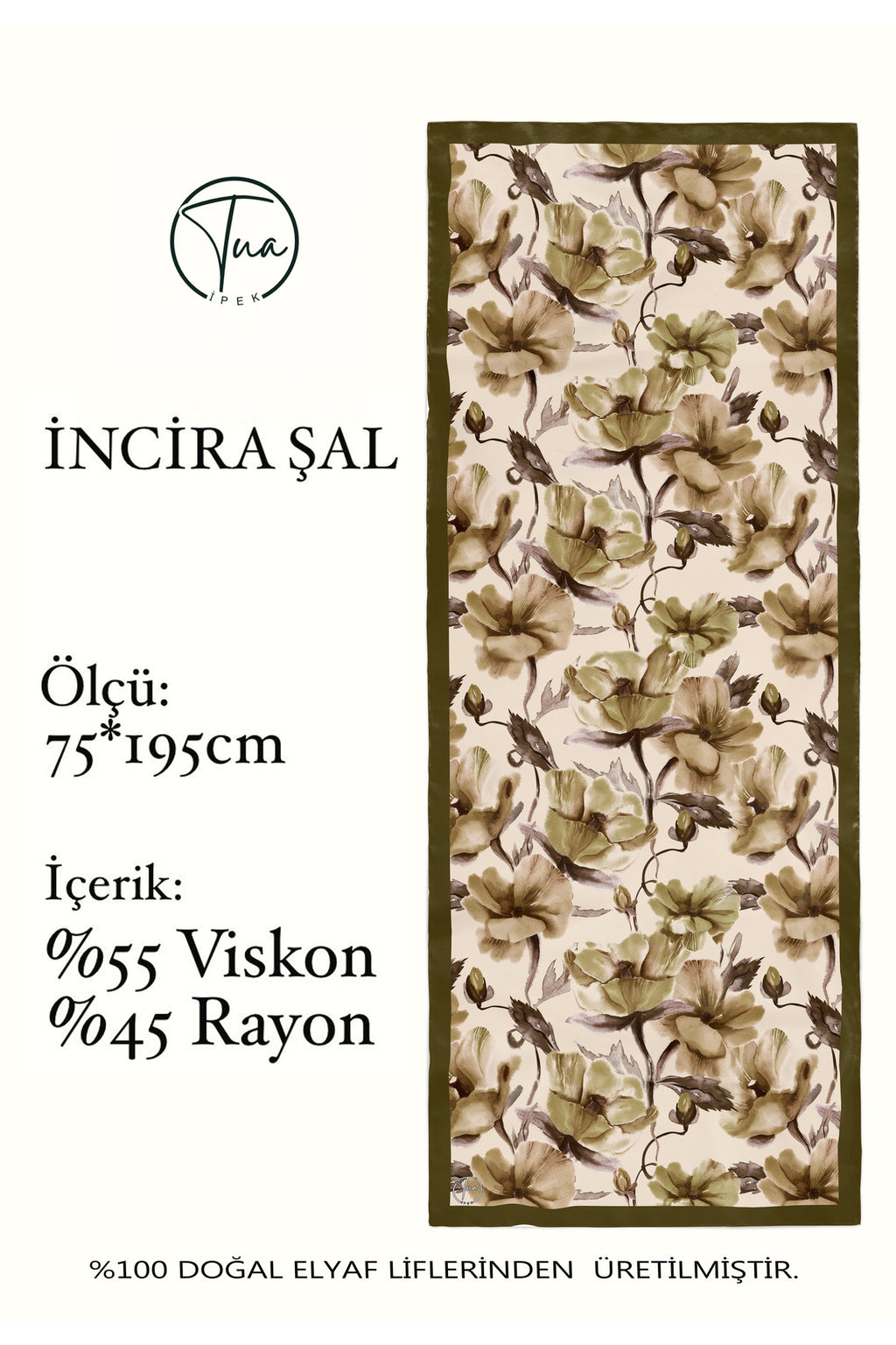 Organic Viscose İpeği İNCİRA ŞAL - Çiçek Desenli - Haki