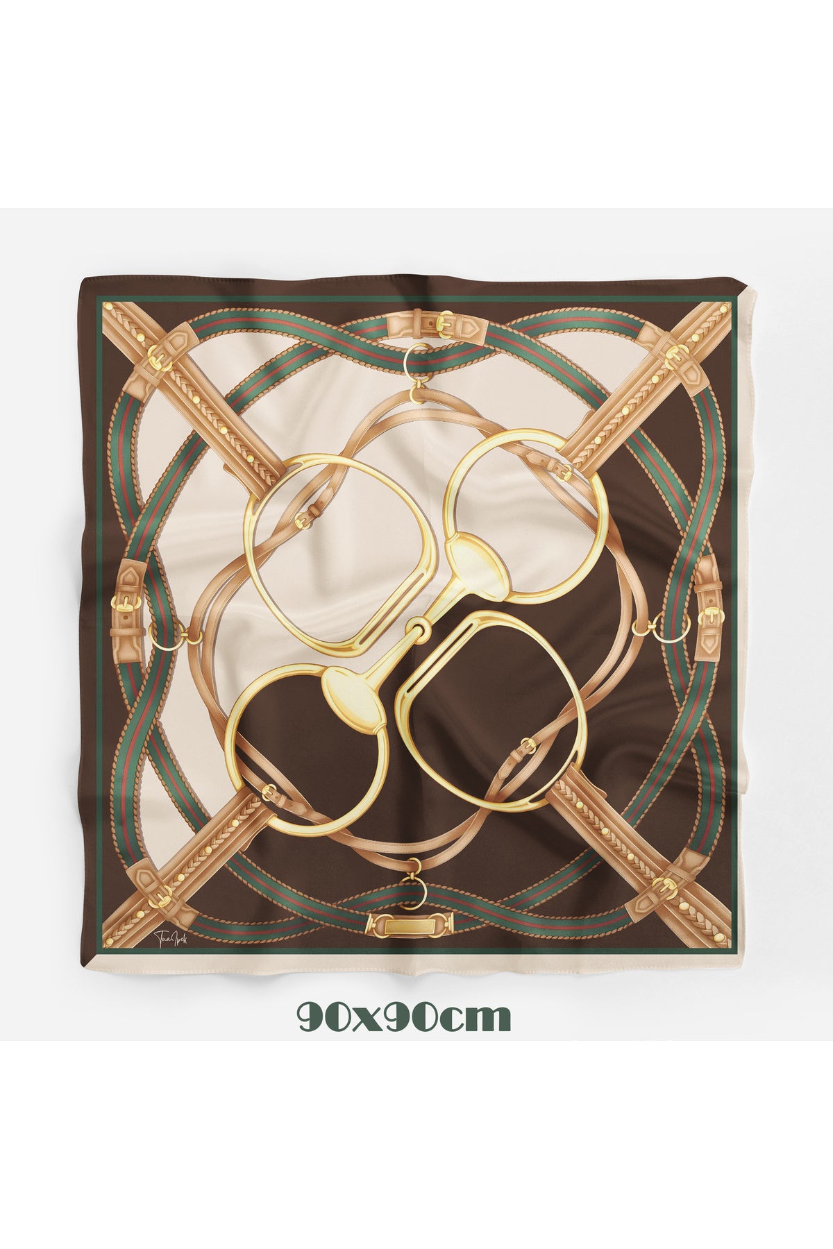 Equestrian Mirası Desen 90X90cm Eşarp/Fular - Kahve-Krem