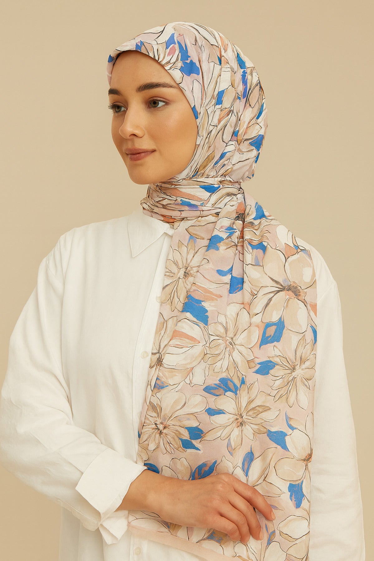 Flower Desen Fransız İpeği Şal 70x180cm - Pudra Pembe