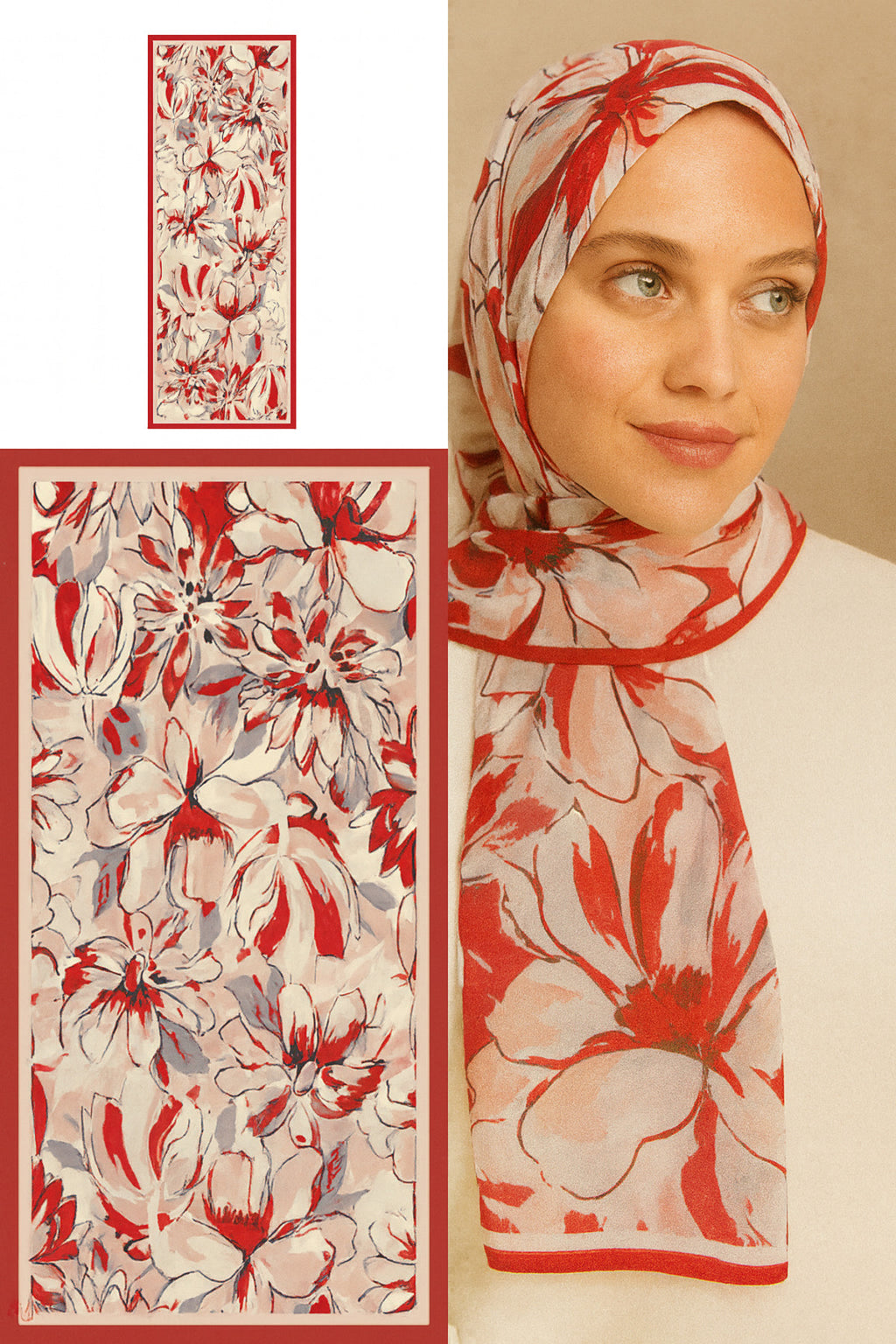 Flower Desen Fransız İpeği Şal 70x180cm - Krem-Kırmızı
