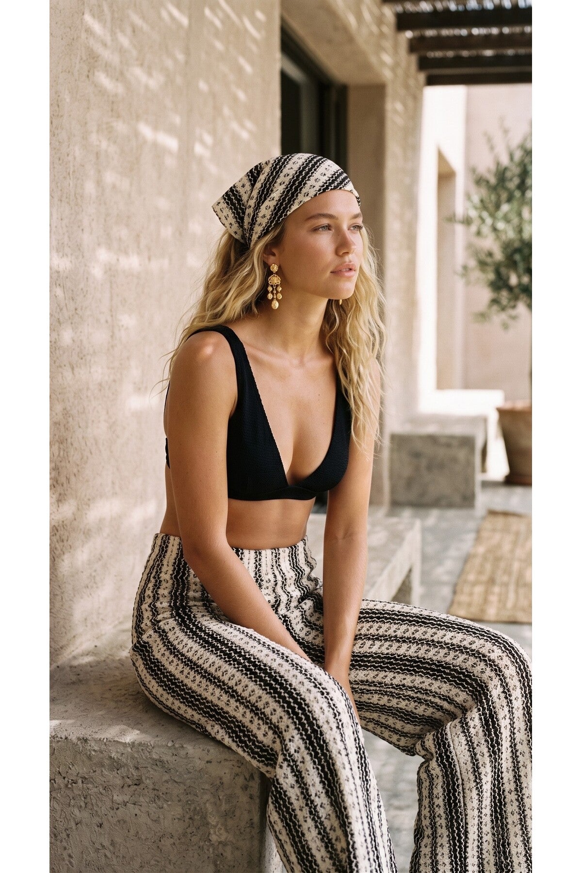 Çizgili Örgü Kadın Rahat Kesim Dökümlü Örme Pantolon Ve Bandana Takım Plaj ve Günlük