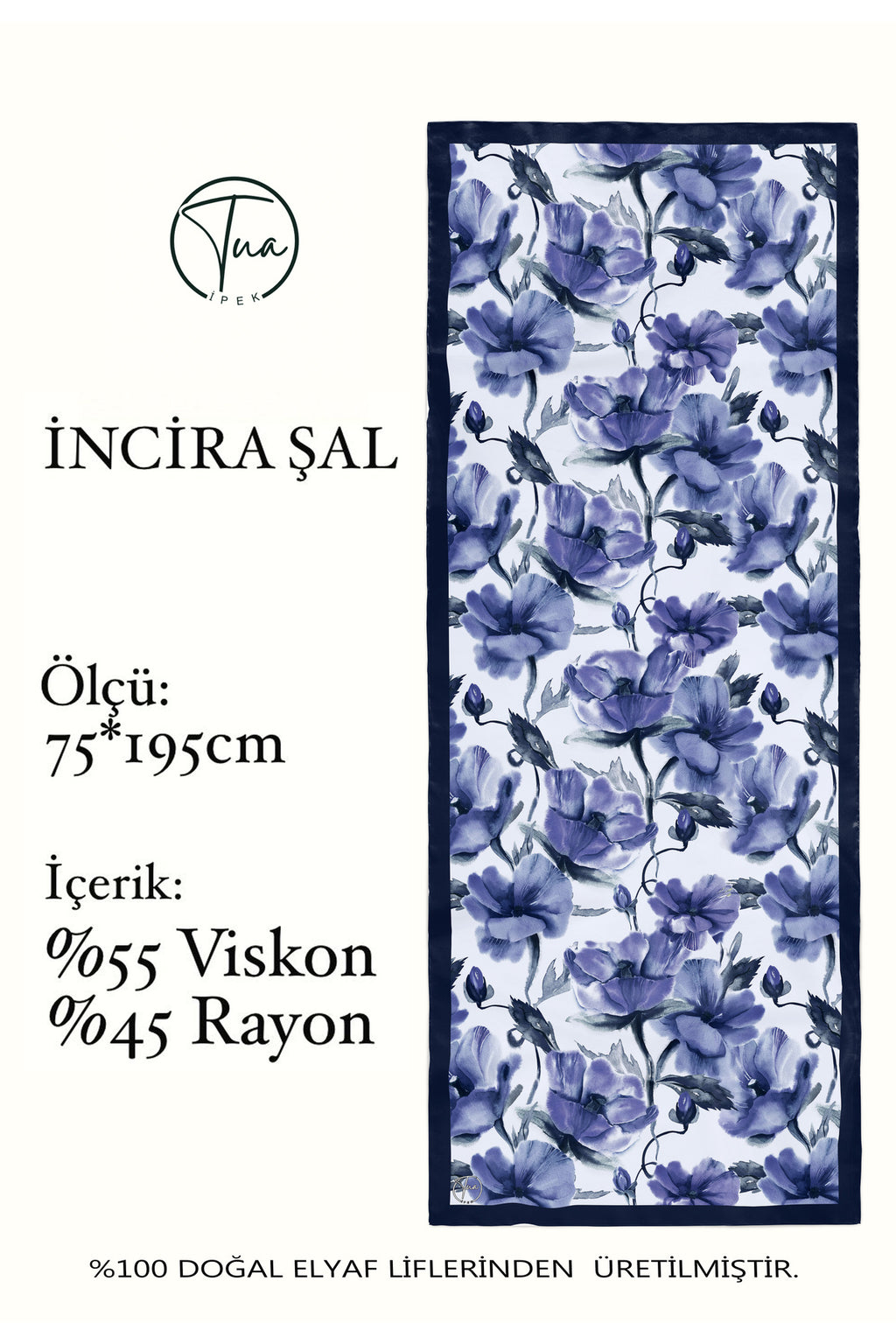 Organic Viscose İpeği İNCİRA ŞAL - Çiçek Desenli - Lacivert