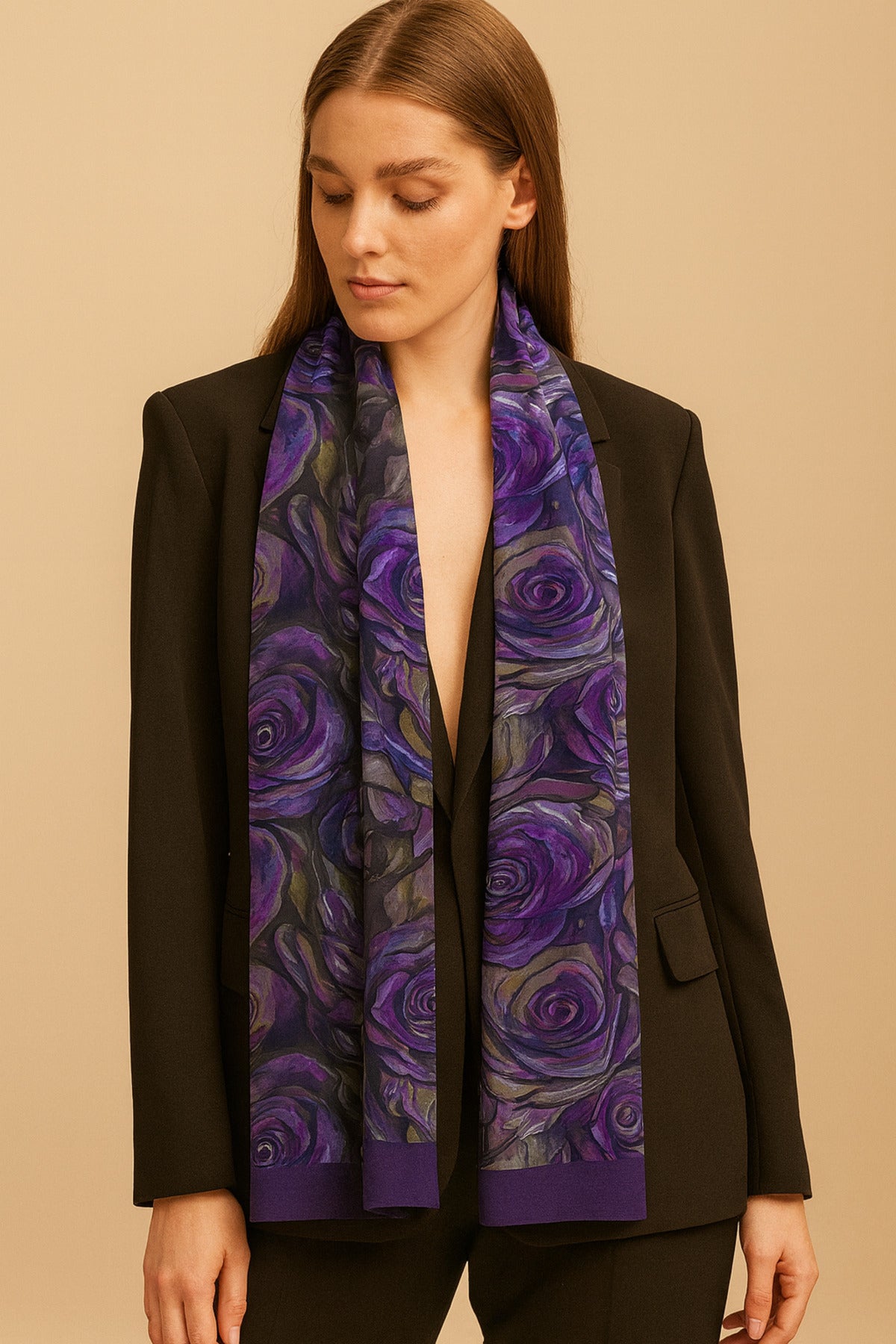 Gece Gülü Desen Kadın Saten Fular 30x165cm - Çok Renkli