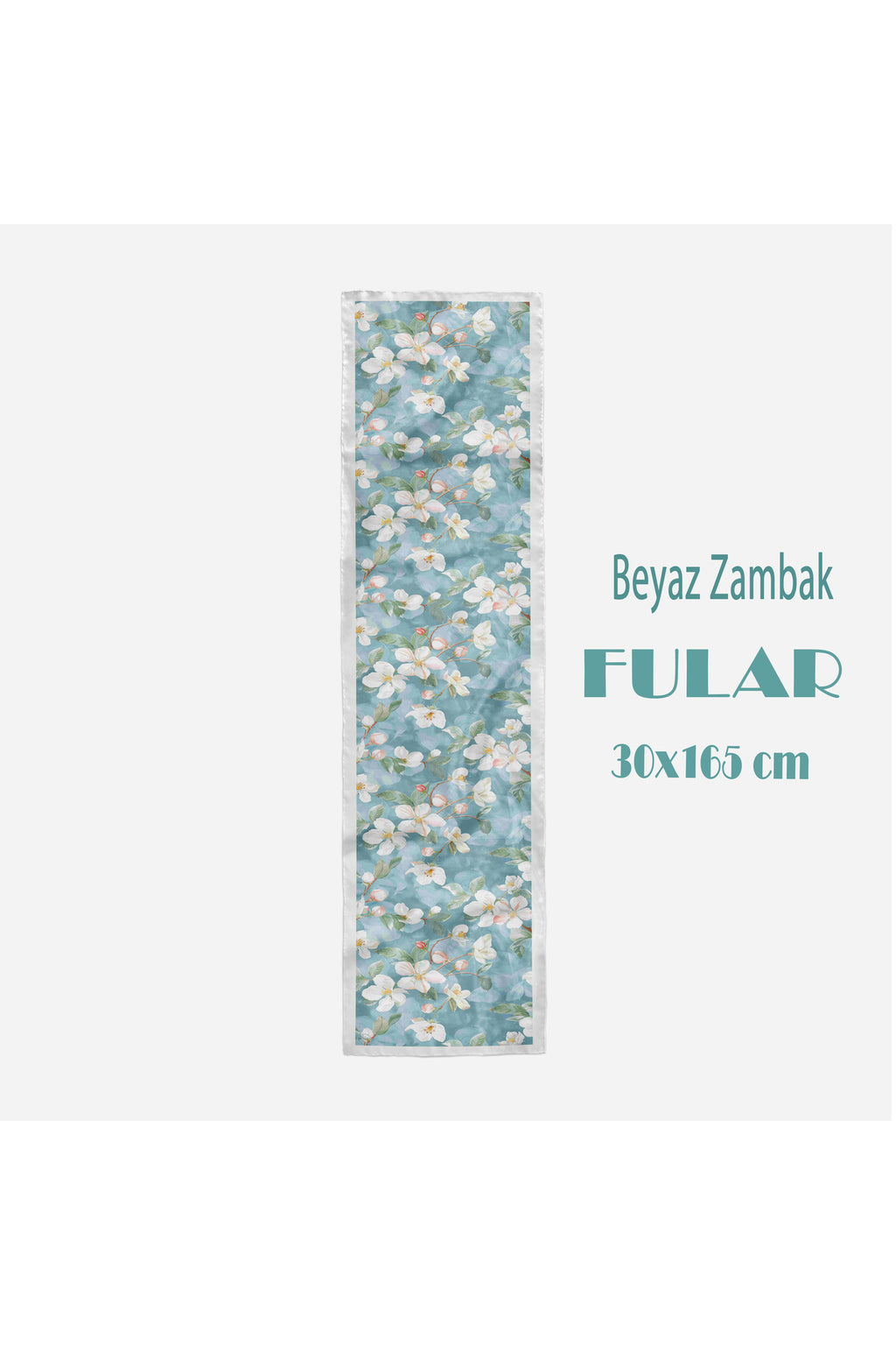Beyaz Zambak Desen Kadın Saten Fular 30x165cm - görsel 2