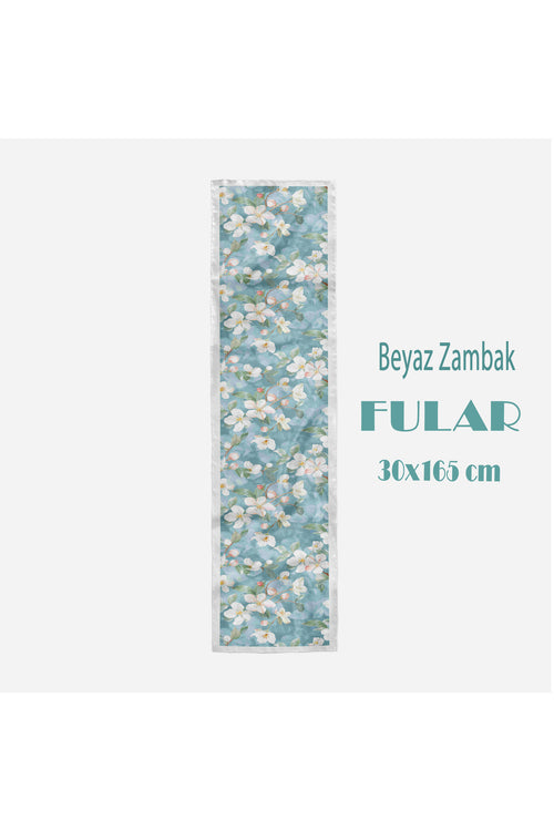 Beyaz Zambak Desen Kadın Saten Fular 30x165cm - görsel 2