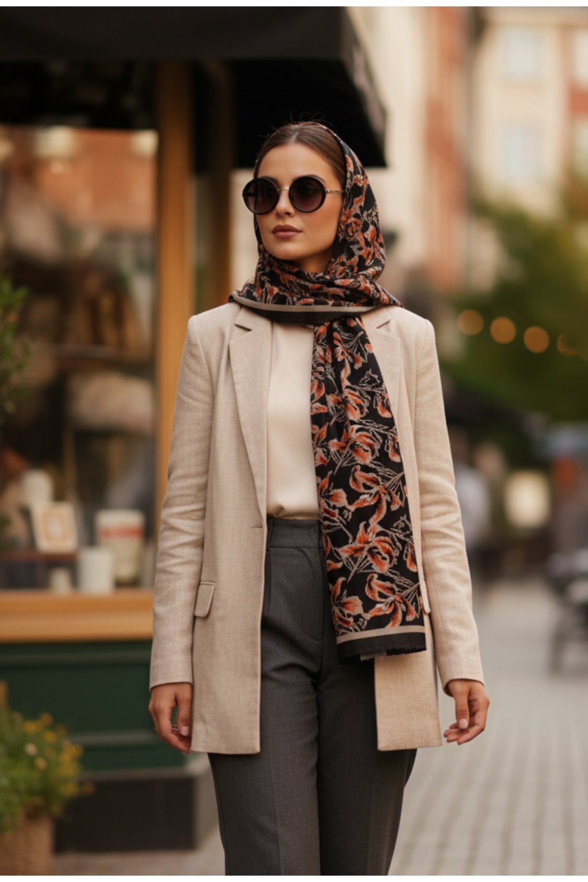 Vivid Floral Desen Pure Touch Koton Şal 75x185cm - Siyah-Turuncu
