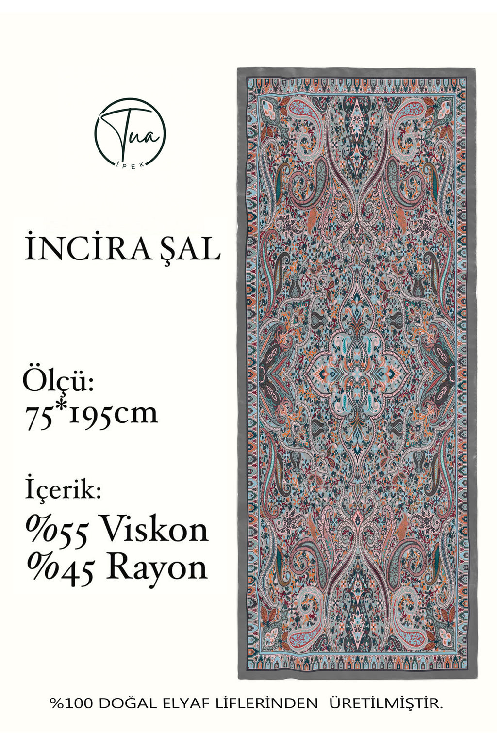 İNCİRA Organic Floş Viskon ŞAL - Etnik Çiçek Desenli - Gri