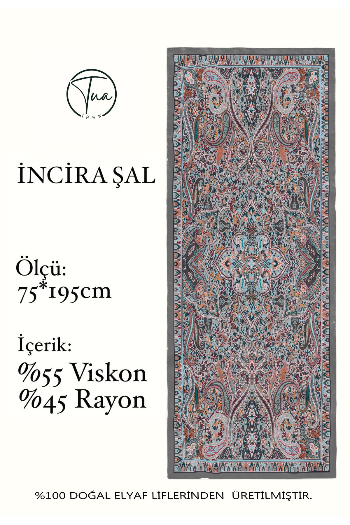 İNCİRA Organic Floş Viskon ŞAL - Etnik Çiçek Desenli - Gri