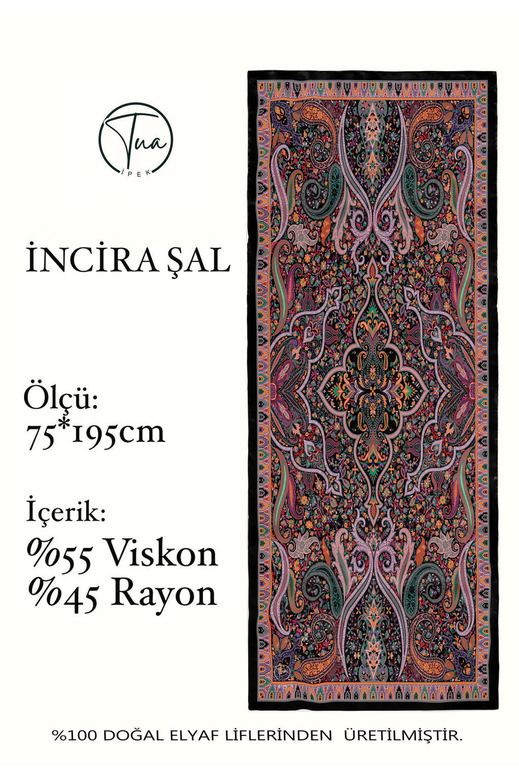 İNCİRA Organic Floş Viskon ŞAL - Etnik Çiçek Desenli Siyah - görsel 8