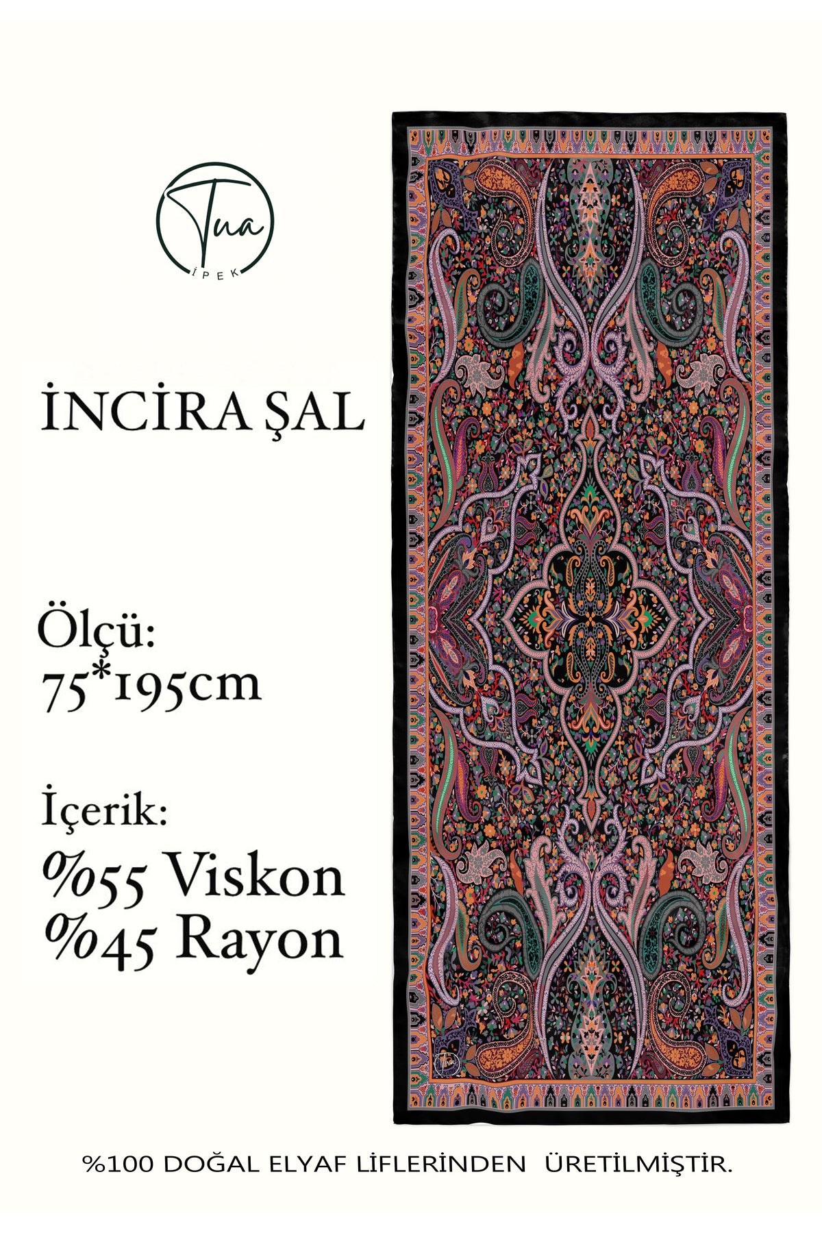 İNCİRA Organic Floş Viskon ŞAL - Etnik Çiçek Desenli Siyah - görsel 8