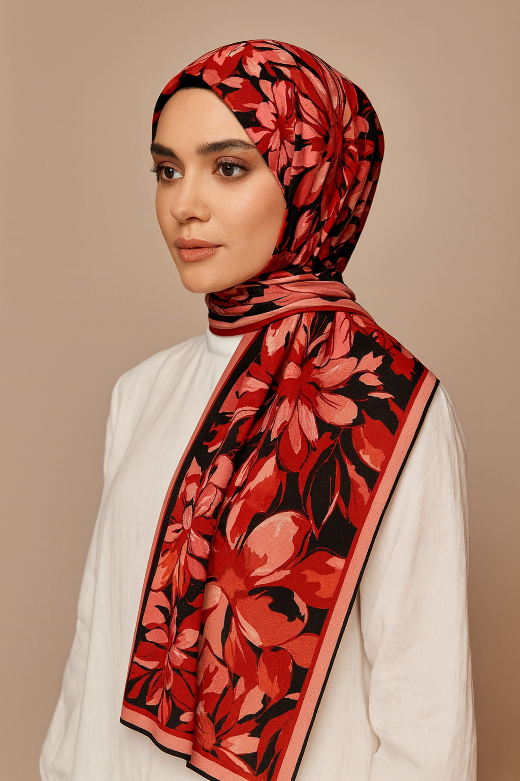 Flower Desen Fransız İpeği Şal 70x180cm - Kırmızı