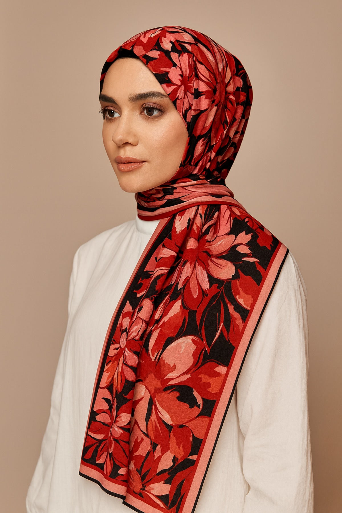 Flower Desen Fransız İpeği Şal 70x180cm - Kırmızı