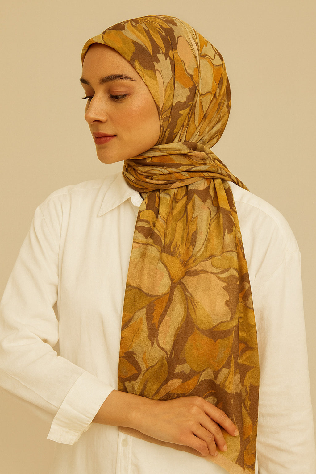 Flower Desen Fransız İpeği Şal 70x180cm - Kahverengi