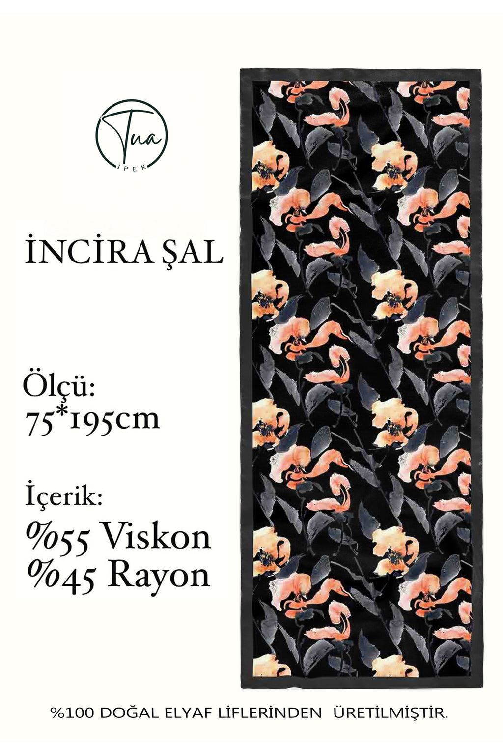 Organic Viscose İpeği İNCİRA ŞAL - FLoral Desenli - Siyah