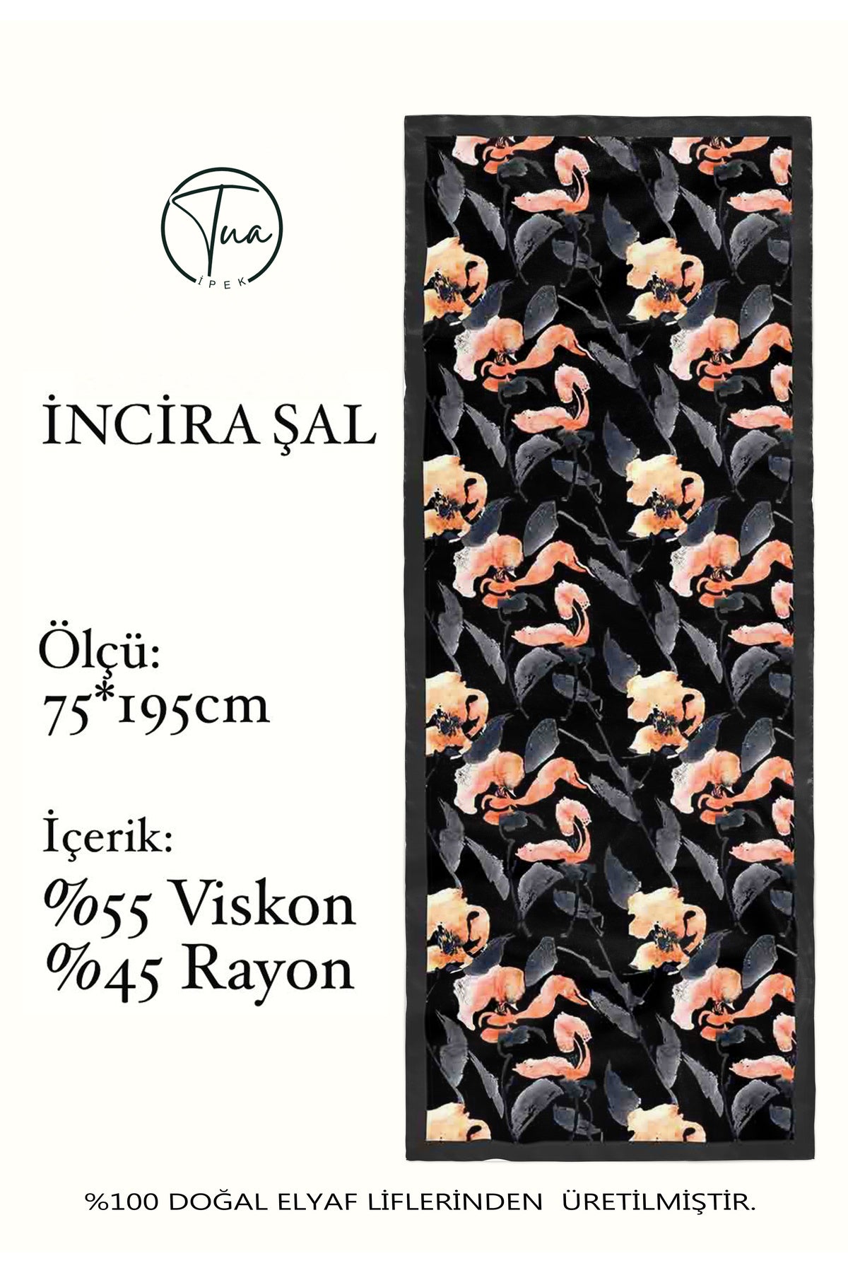 Organic Viscose İpeği İNCİRA ŞAL - FLoral Desenli - Siyah