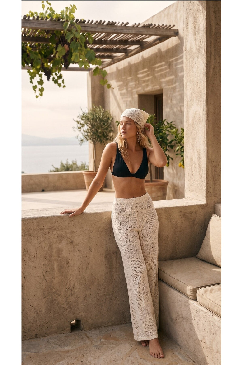 Pacth Work Örgü Kadın Rahat Kesim Dökümlü Örme Pantolon Ve Bandana Takım Plaj ve Günlük