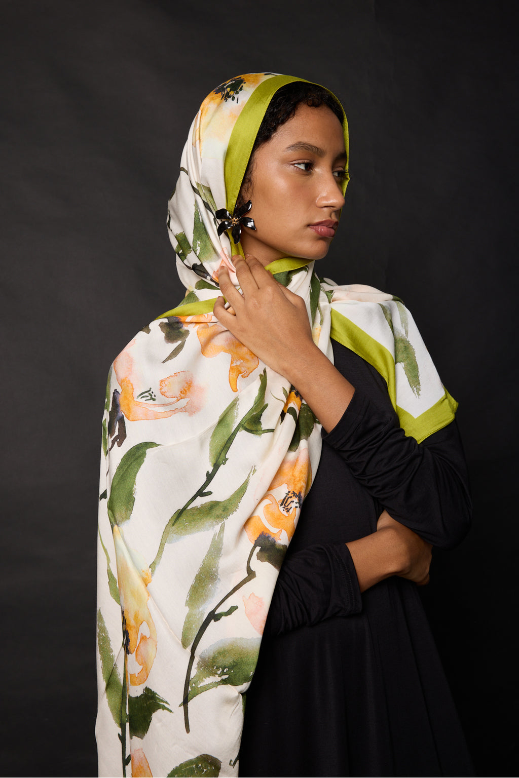 Organic Viscose İpeği İNCİRA ŞAL - FLoral Desenli - Yağ Yeşil