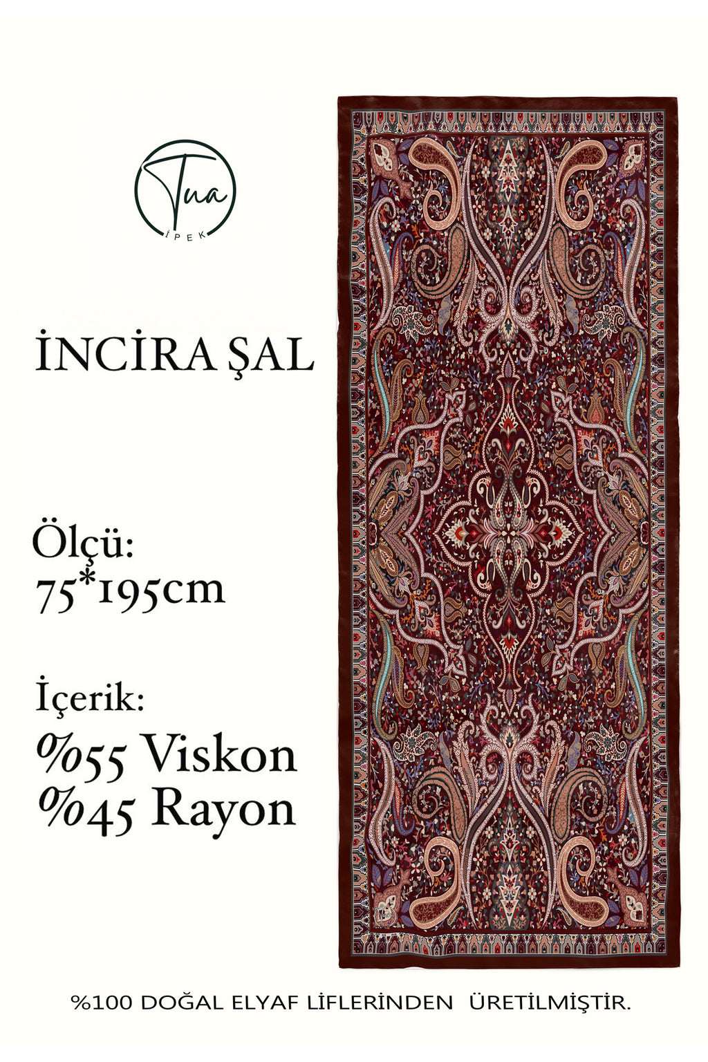İNCİRA Organic Floş Viskon ŞAL - Etnik Çiçek Desenli - Bordo