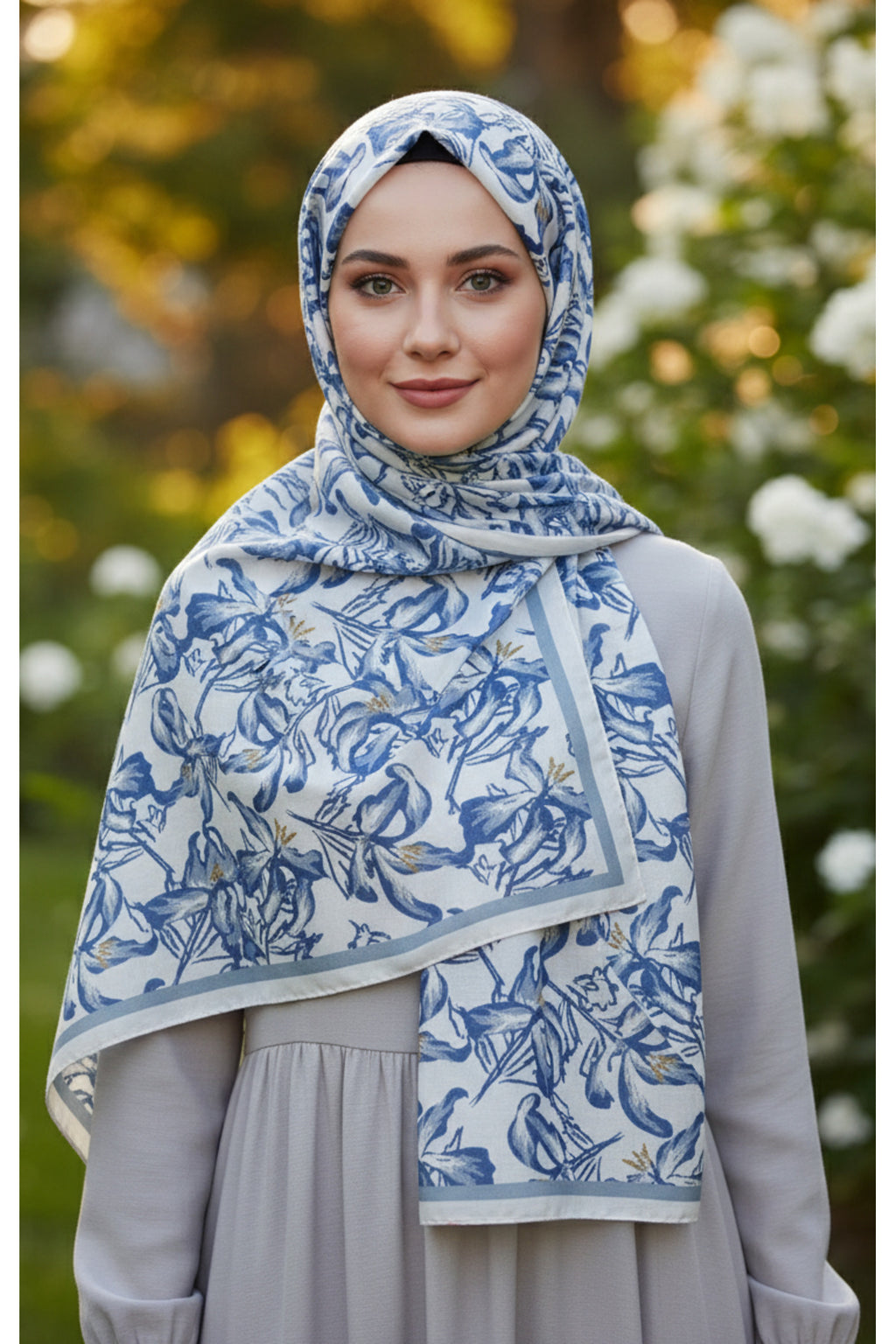 Vivid Floral Desen Pure Touch Koton Şal 75x185cm - EKRU-MAVİ