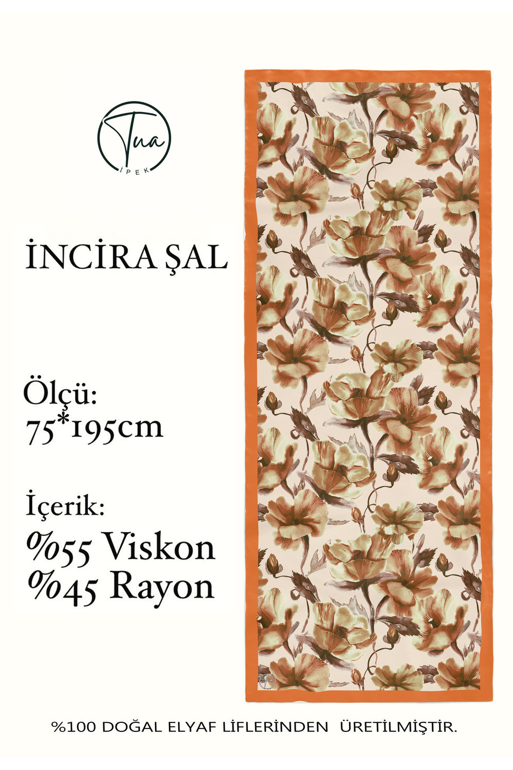 Organic Viscose İpeği İNCİRA ŞAL - Çiçek Desenli - Turuncu