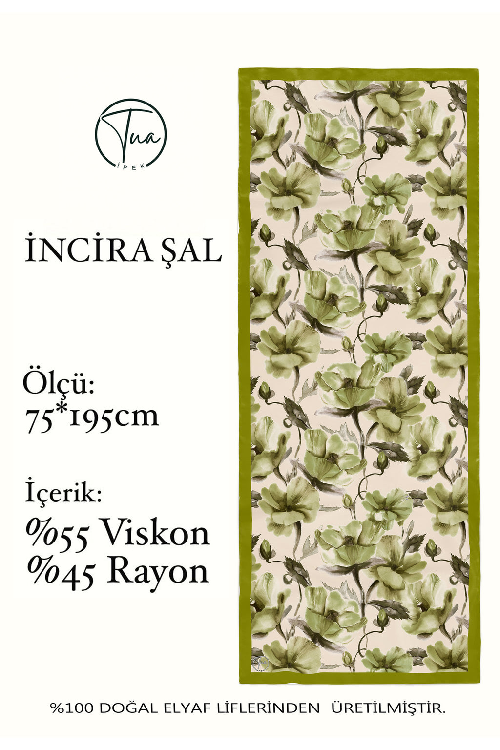 Organic Viscose İpeği İNCİRA ŞAL - Çiçek Desenli - Yağ Yeşili