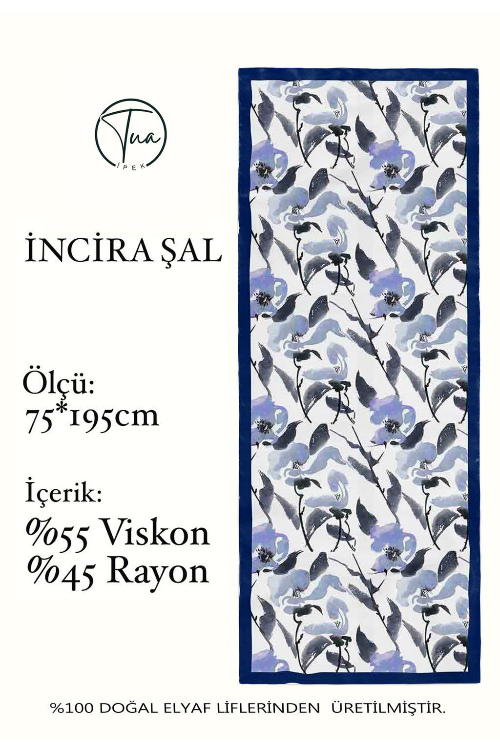 Organic Viscose İpeği İNCİRA ŞAL - FLoral Desenli - Lacivert
