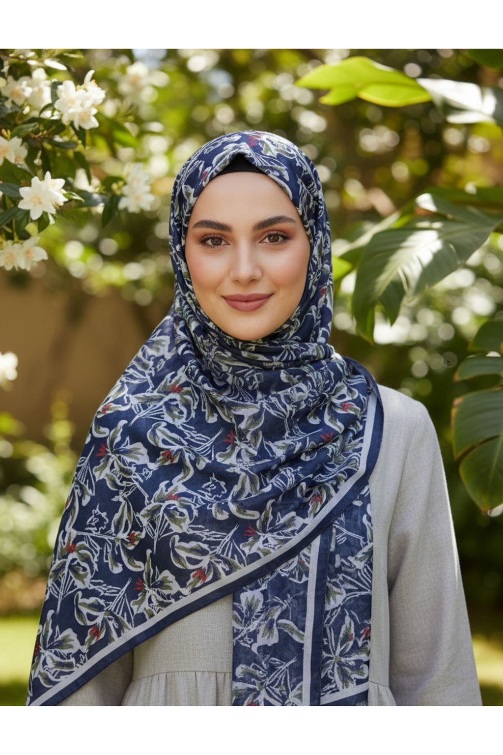 Vivid Floral Desen Pure Touch Koton Şal 75x185cm - Lacivert