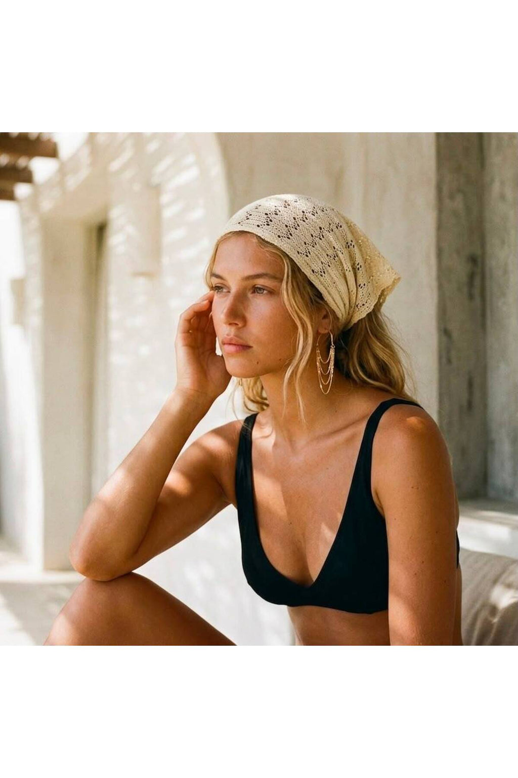 Oasis Krem Örgü Kadın Bandana Yazlık Delikli Triko Saç Bandanası Plaj Uyumlu - Krem