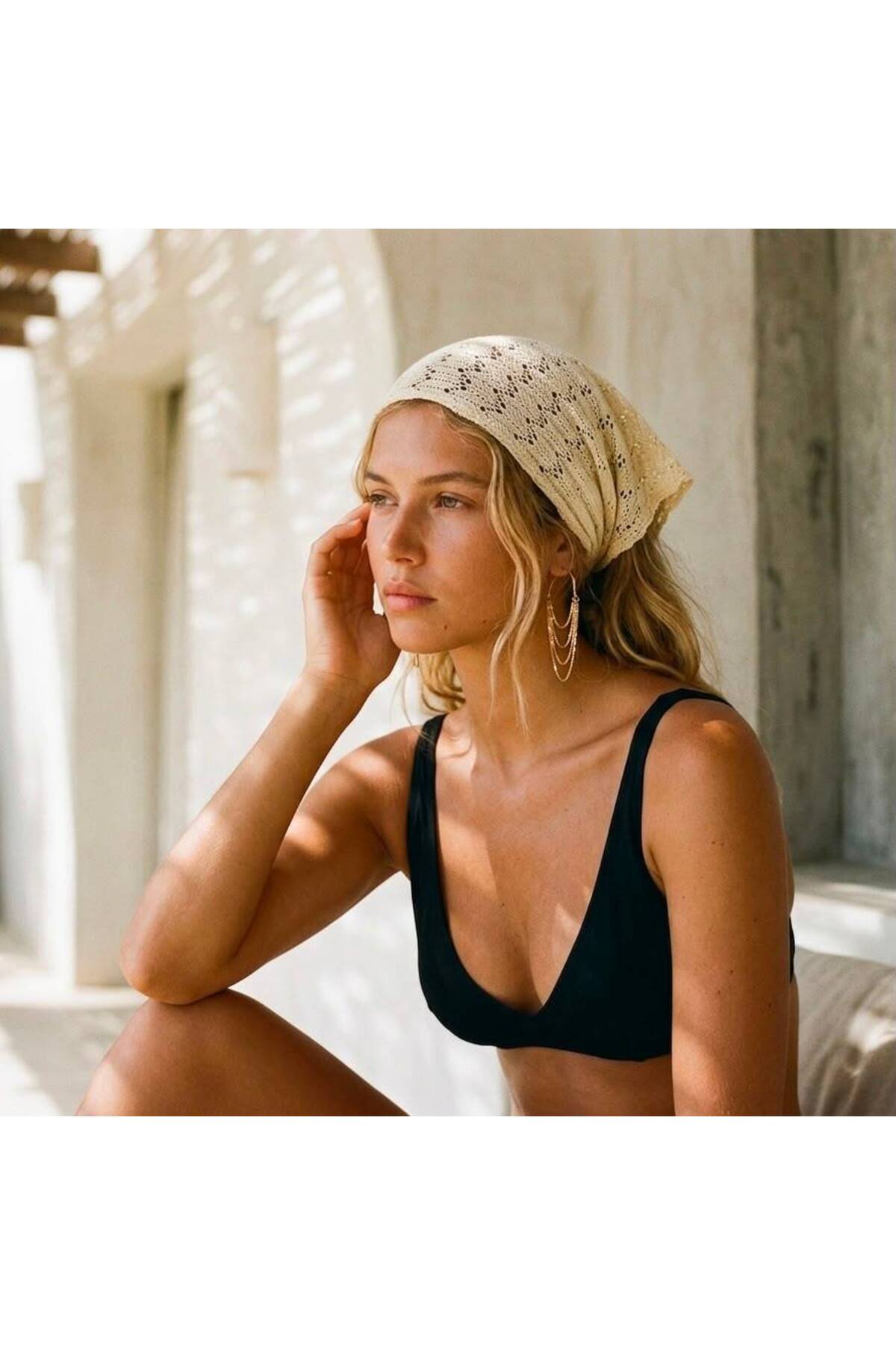 Oasis Krem Örgü Kadın Bandana Yazlık Delikli Triko Saç Bandanası Plaj Uyumlu - Krem